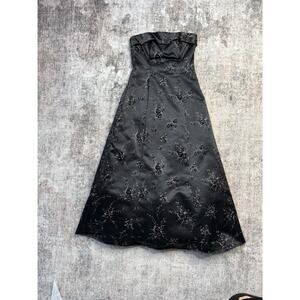 Vintage Y2k Prom Dress Strapless Gown Black Satin Velvet Flocked Whimsygoth Sz S